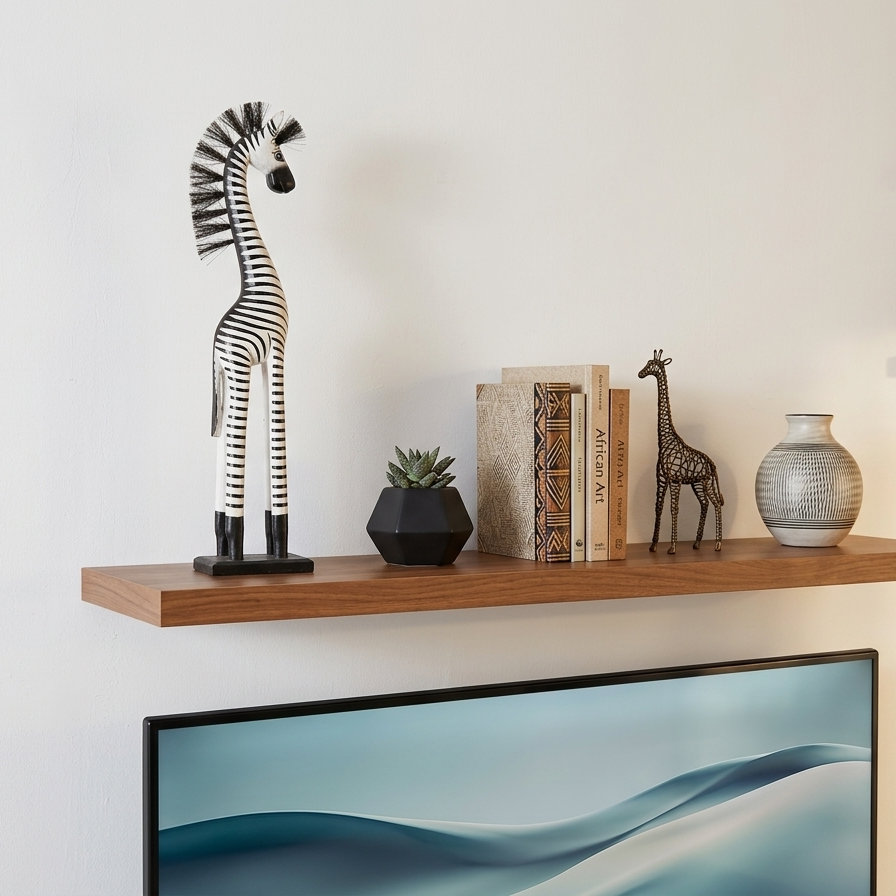 62 cm tall hand-carved wooden zebra figurine with black and white hand-painted stripes and a bristle mane, standing on a black wooden base against a white background.