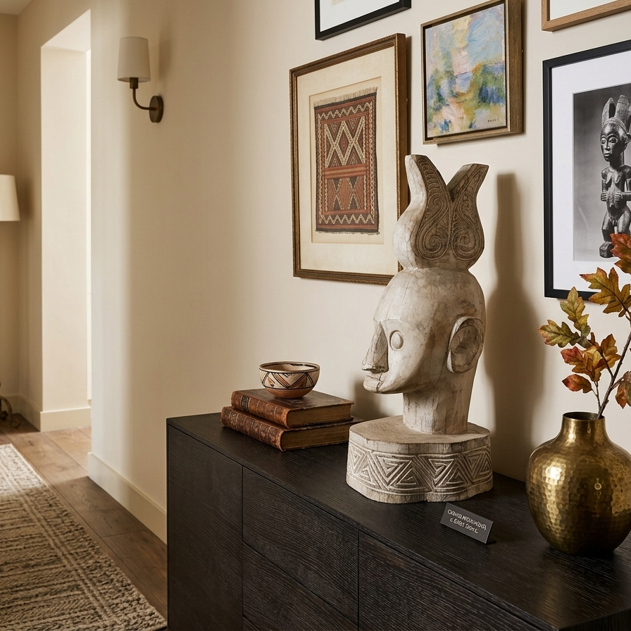 Front and side profile of a large 56cm hand-carved whitewashed wooden tribal head statue with geometric base details.