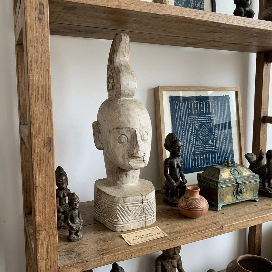 Front and side profile of a large 56cm hand-carved whitewashed wooden tribal head statue with geometric base details.