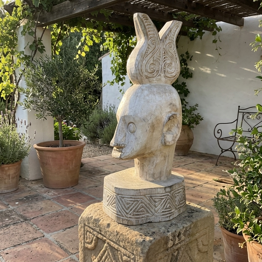 Front and side profile of a large 56cm hand-carved whitewashed wooden tribal head statue with geometric base details. 
