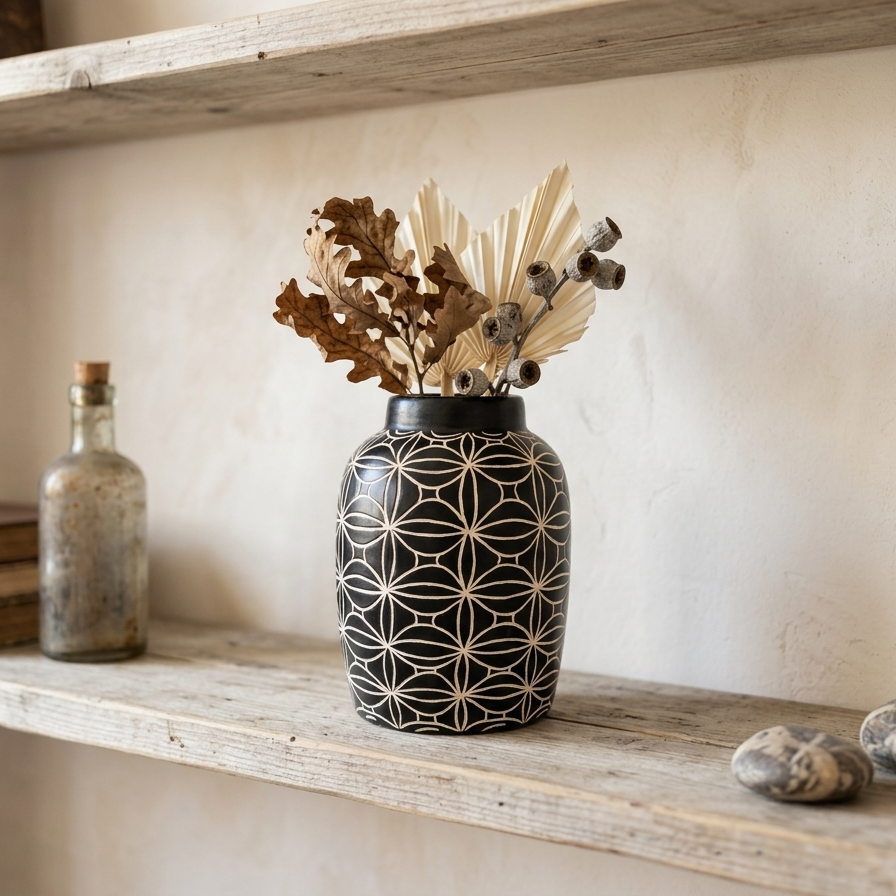 Hand-Etched Sgraffito Ceramic Vase
