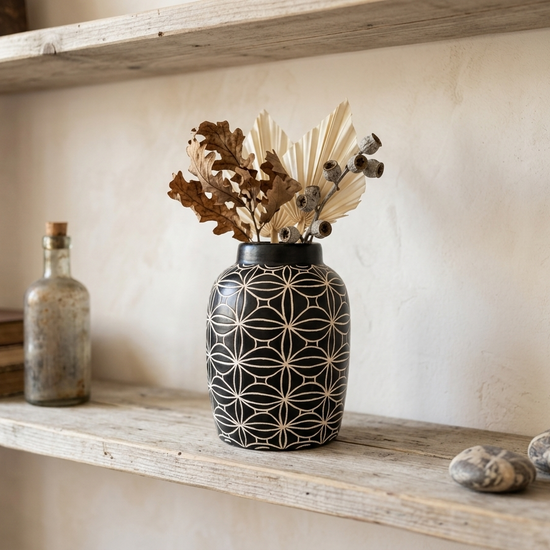 Hand-Etched Sgraffito Ceramic Vase