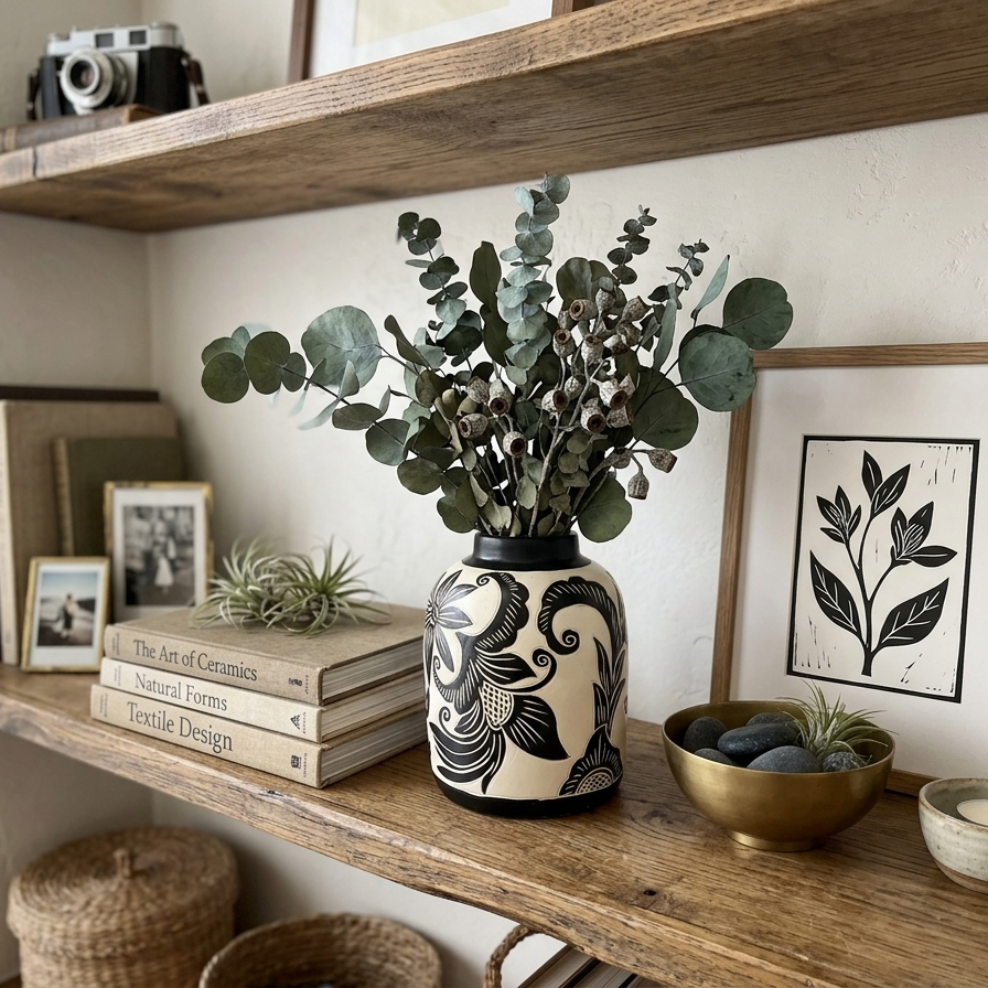 Hand-Etched Sgraffito Ceramic Vase