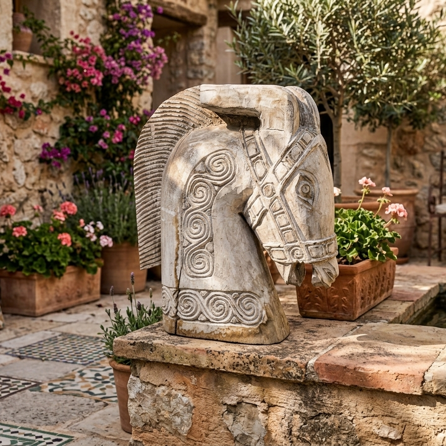 Hand-carved weathered wooden horse sculpture with spiral details, 46cm tall. On a stone pedestal with flowers and plants in an outdoor setting.