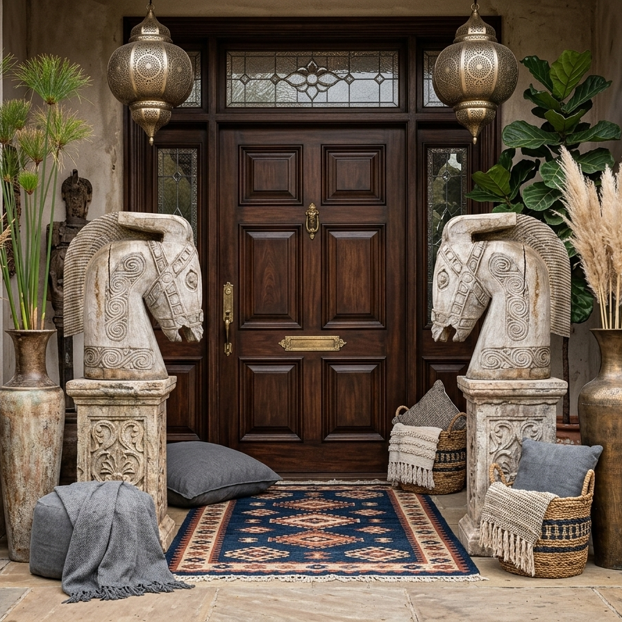 Decorative entrance with Hand-carved weathered wooden horse sculpture with spiral details, 46cm tall.