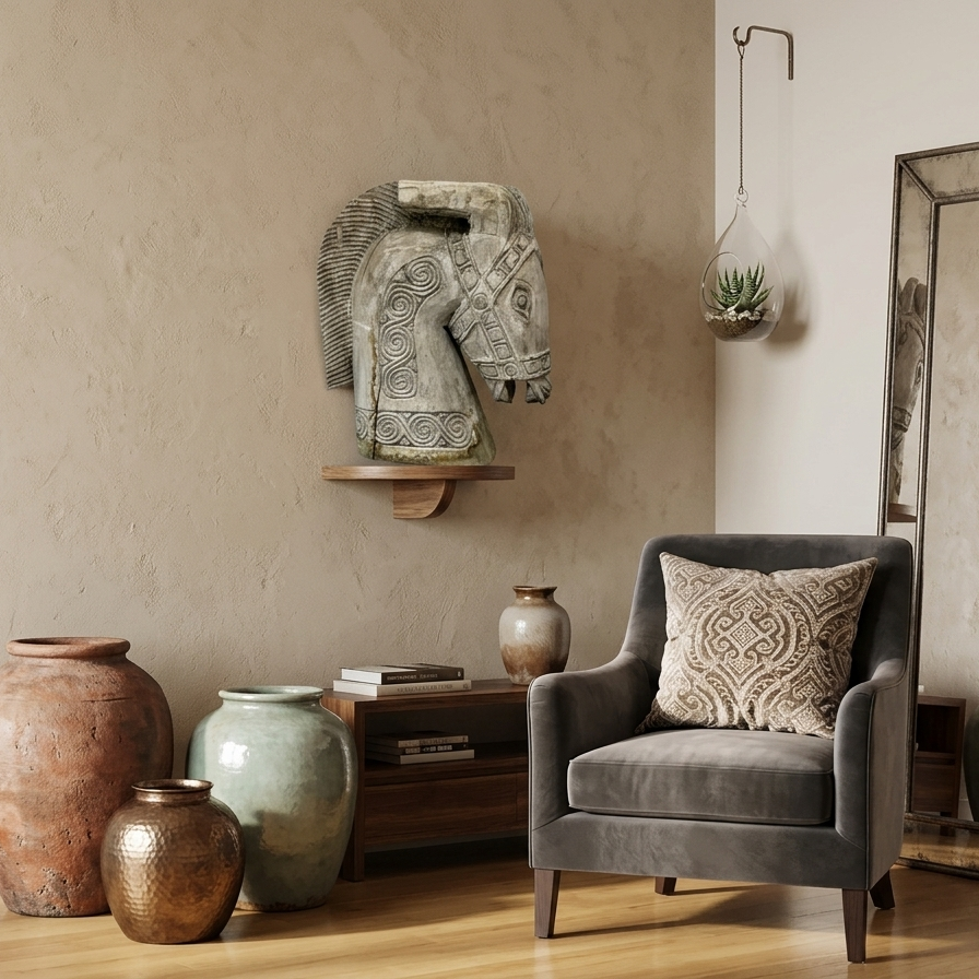 Accent wall with Hand-carved weathered wooden horse sculpture with spiral details, 46cm tall. As a main character.