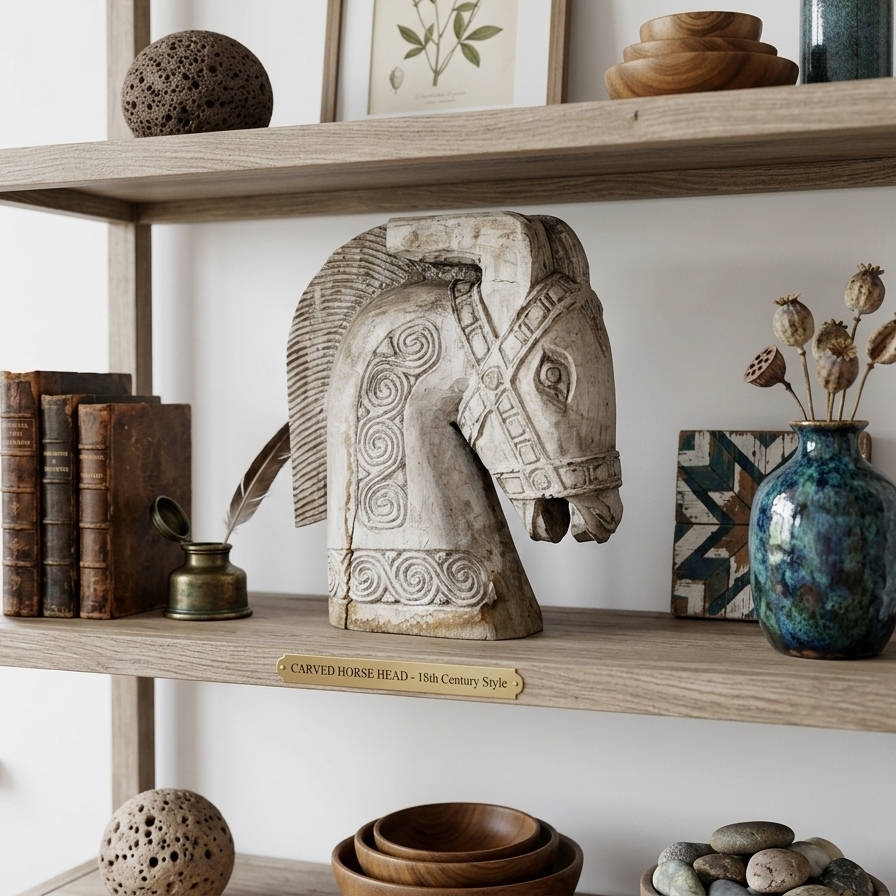 Hand-carved weathered wooden horse sculpture with spiral details, 46cm tall. In a wooden shelf.