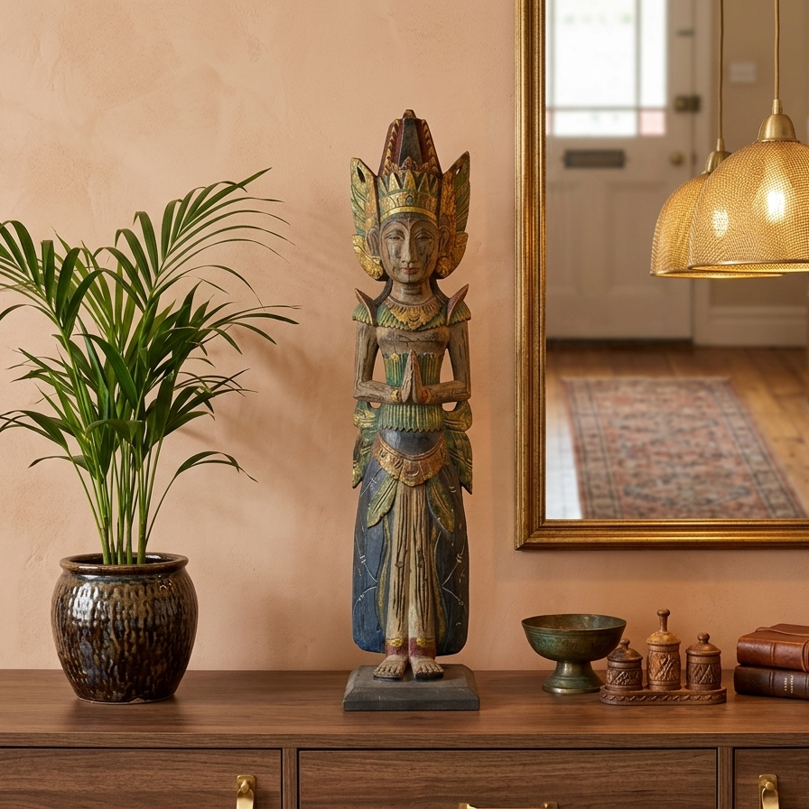 Hand-Carved Balinese Goddess Statue - Vintage Polychrome Wood Sculpture