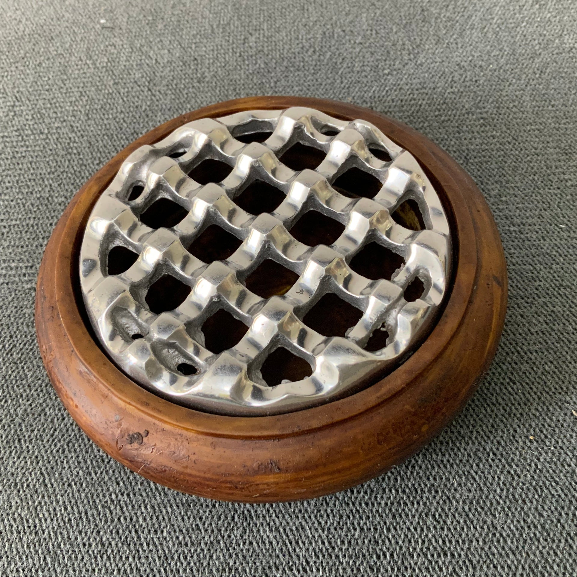 Vintage Mid-Century Modern Teak & Cast Aluminum Grid Ashtray