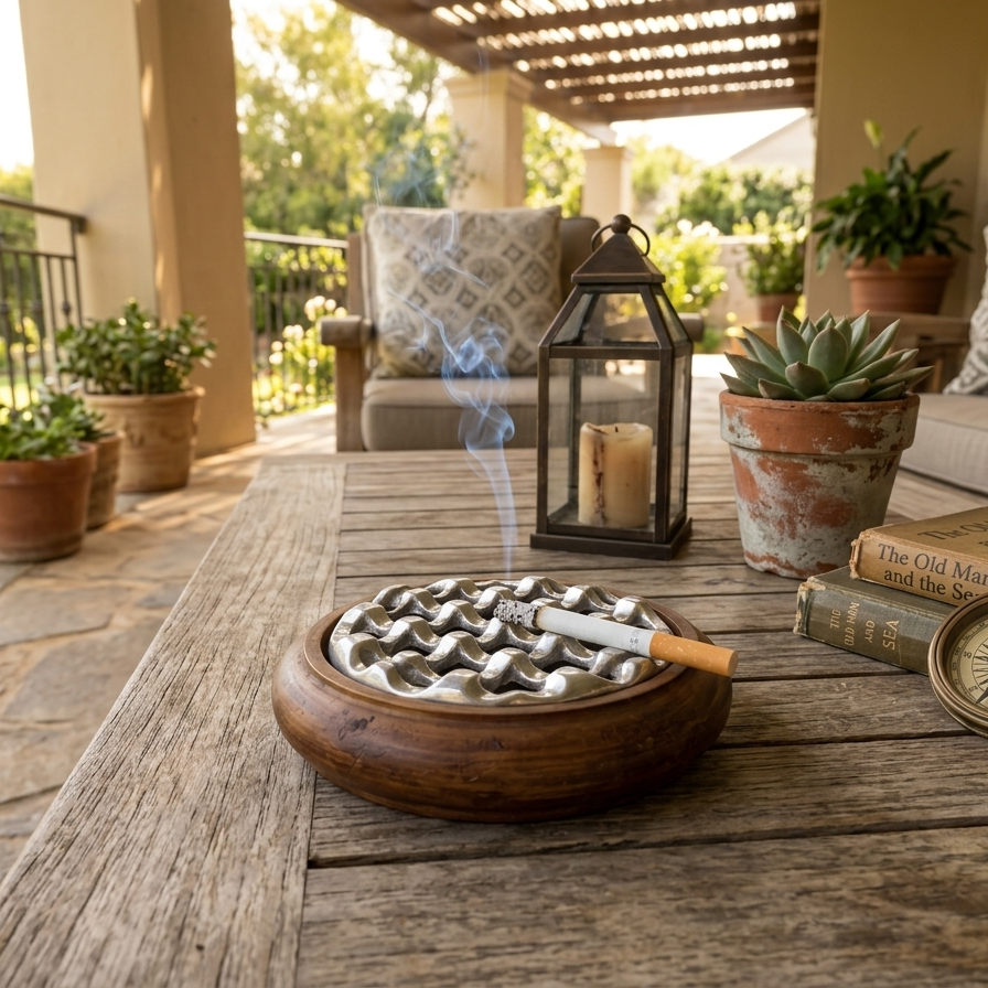 Vintage Mid-Century Modern Teak & Cast Aluminum Grid Ashtray