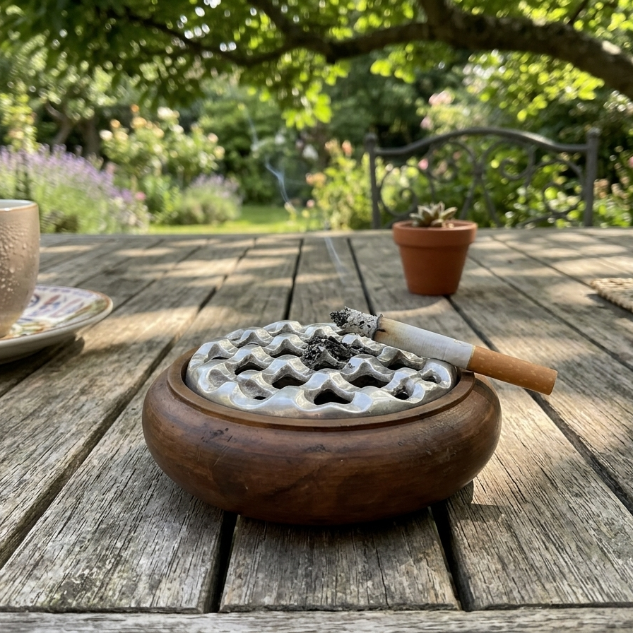 Vintage Mid-Century Modern Teak & Cast Aluminum Grid Ashtray