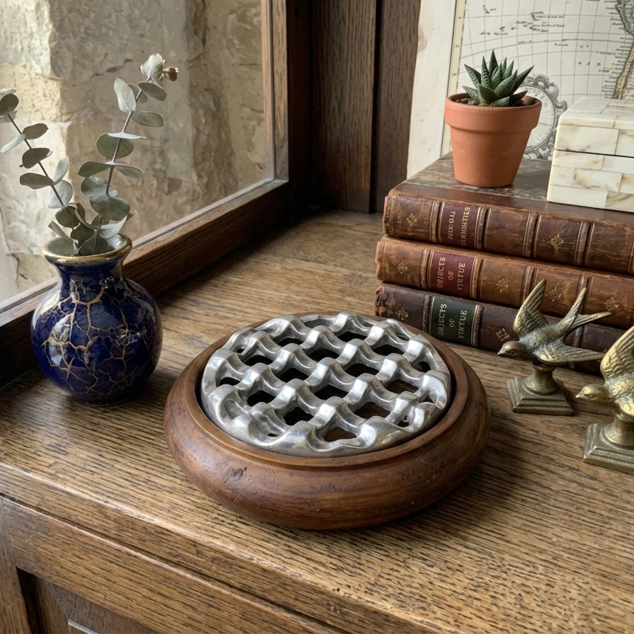 Vintage Mid-Century Modern Teak & Cast Aluminum Grid Ashtray