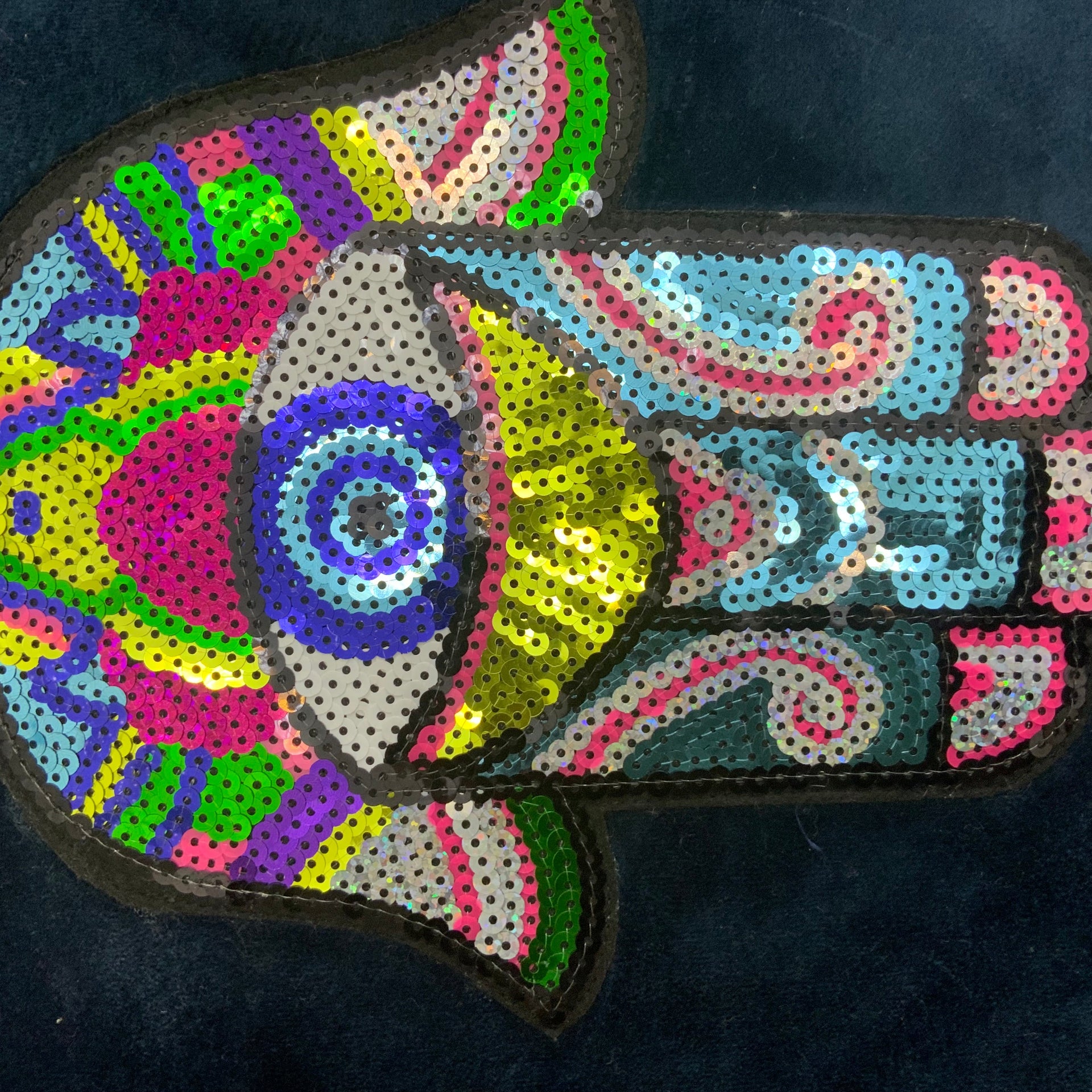 Hamsa Hand Sequin Velvet Cushion Cover – Midnight Blue & Multi-Color