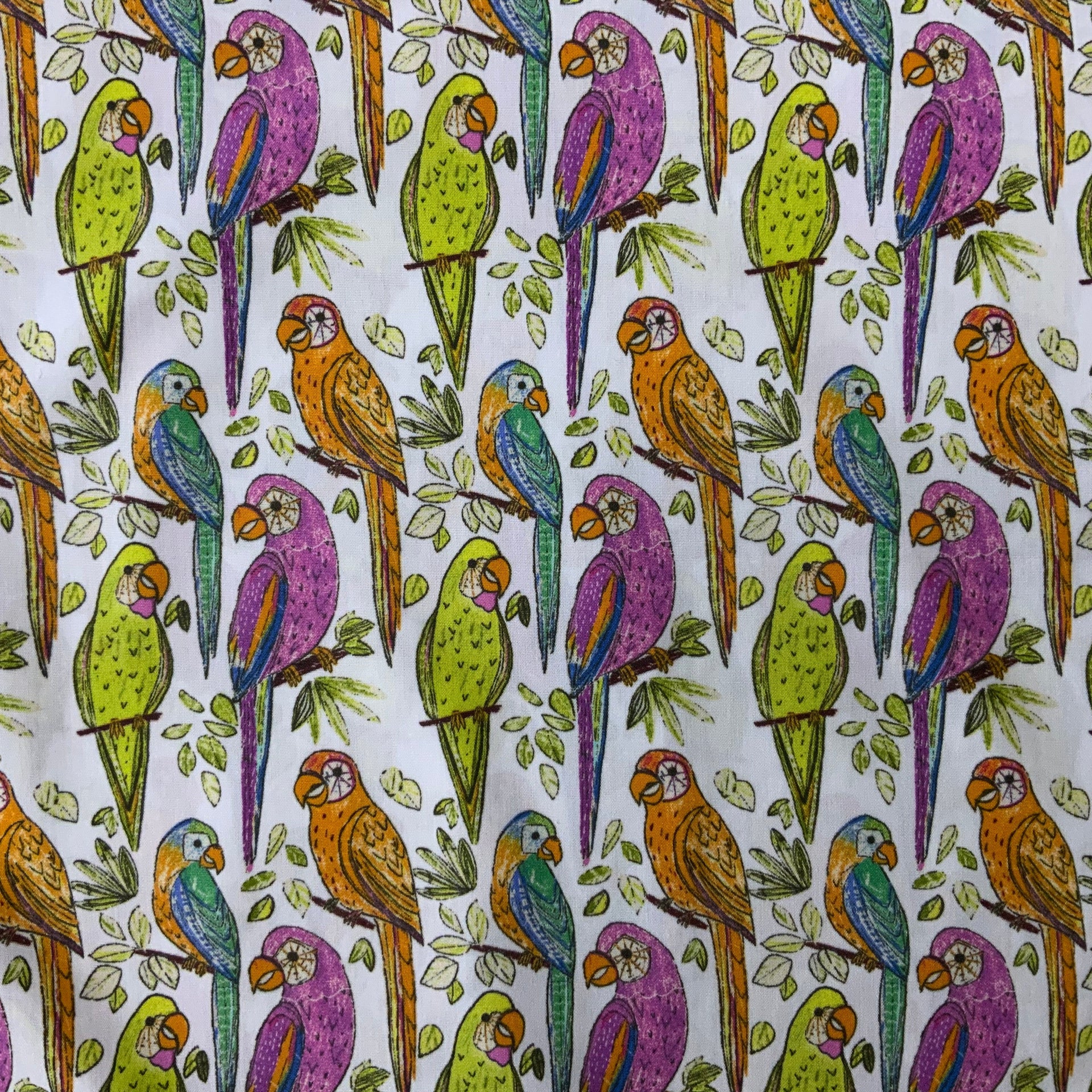 An upright, square decorative pillow cover featuring a vibrant, hand-drawn repeating pattern of tropical parrots perched on thin branches with small green leaves. The parrots are illustrated in a variety of color combinations, including magenta and purple, bright lime green, and amber orange with teal accents. The pillow has a distinct mustard-yellow piped edge.