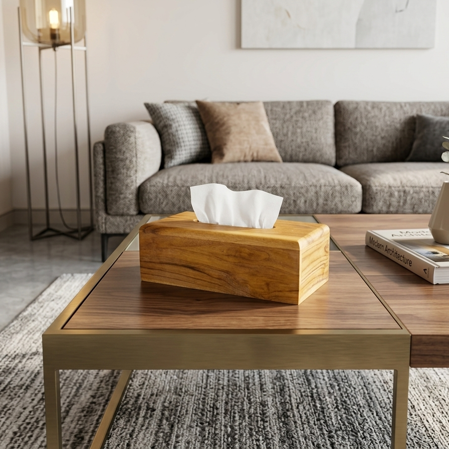 Natural wood rectangular tissue box cover with a smooth finish.