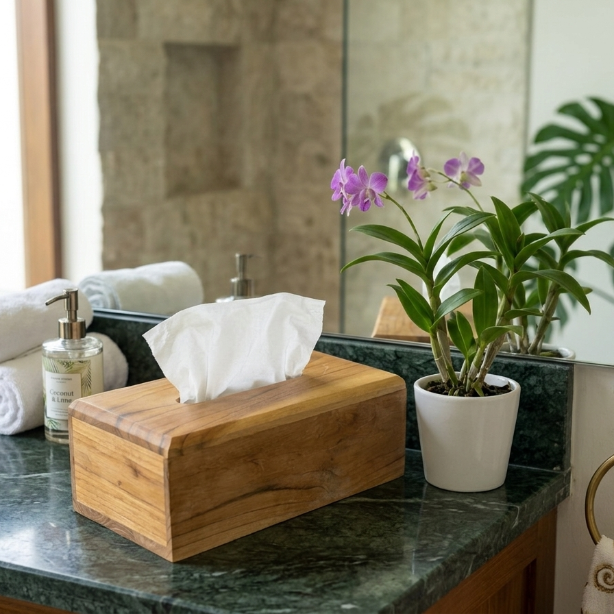 Natural wood rectangular tissue box cover with a smooth finish.