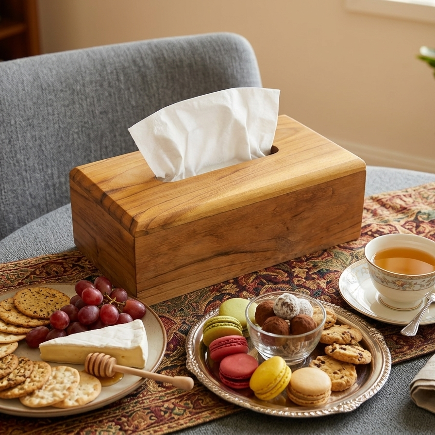 Natural wood rectangular tissue box cover with a smooth finish.
