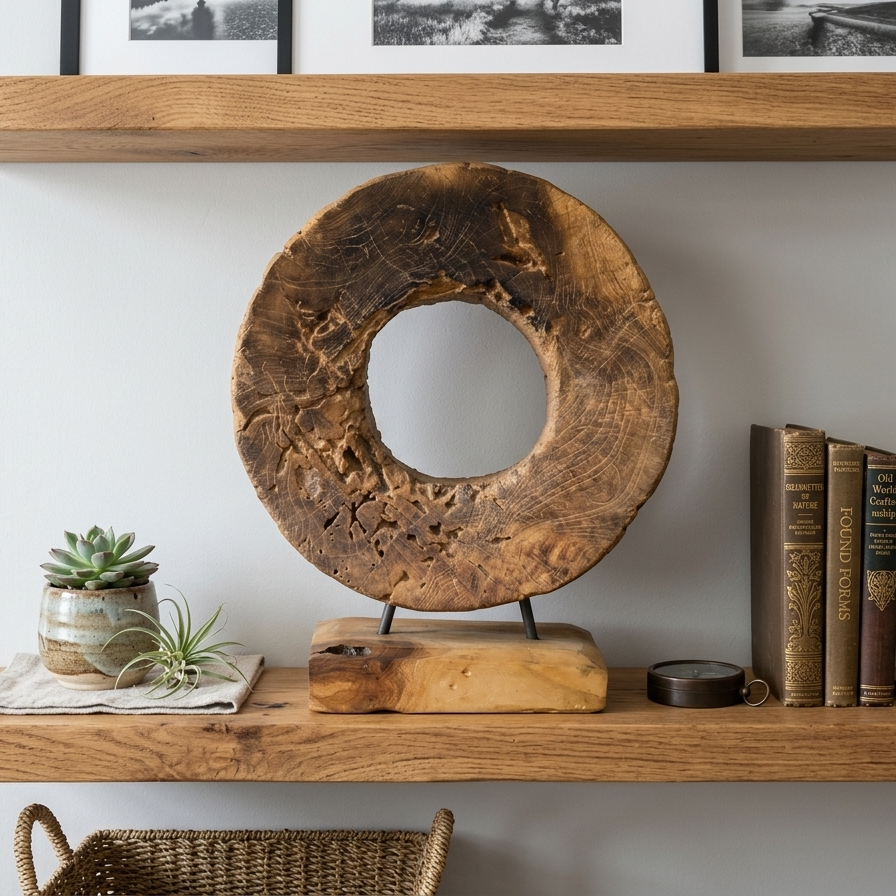Hand-carved circular wood sculpture with natural grain and weathered textures, mounted on a solid wood base with thin metal rods.