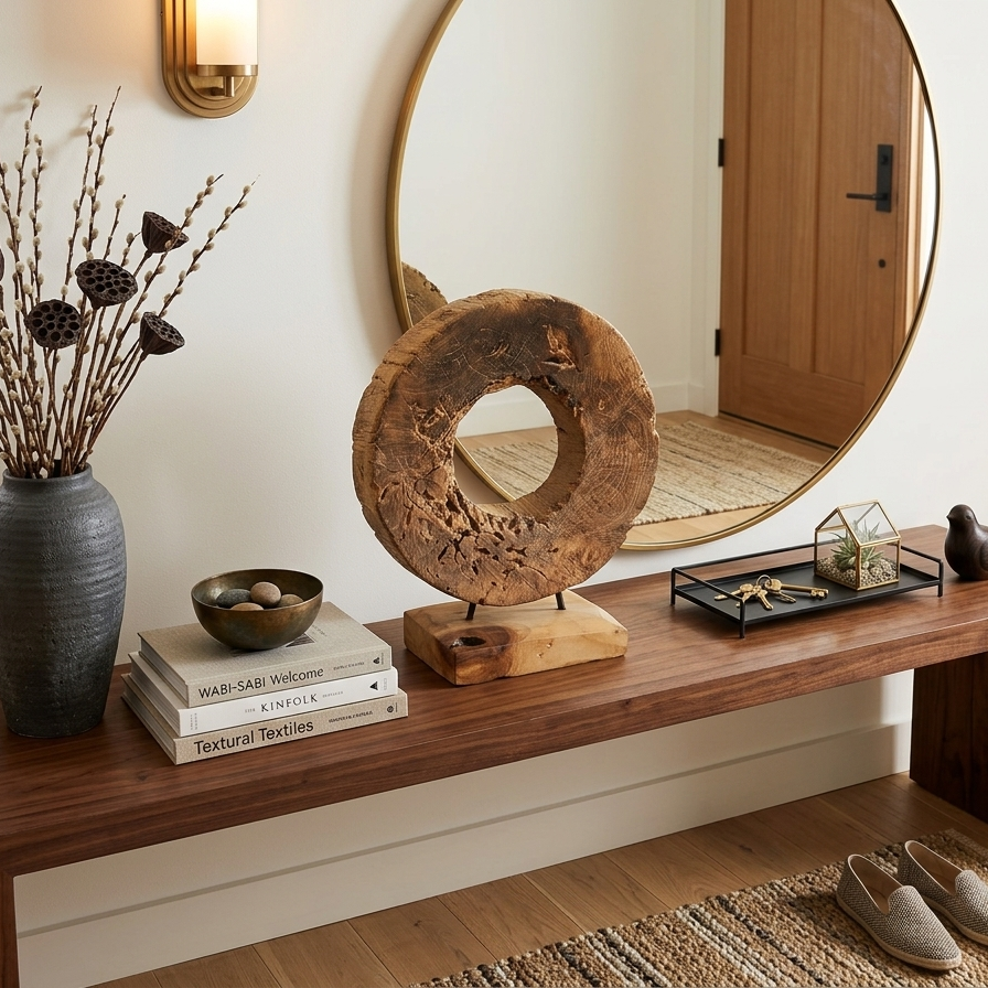 Hand-carved circular wood sculpture with natural grain and weathered textures, mounted on a solid wood base with thin metal rods.