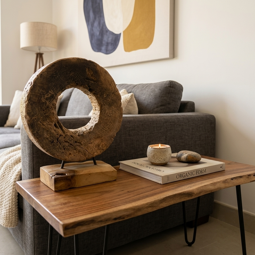 Hand-carved circular wood sculpture with natural grain and weathered textures, mounted on a solid wood base with thin metal rods.