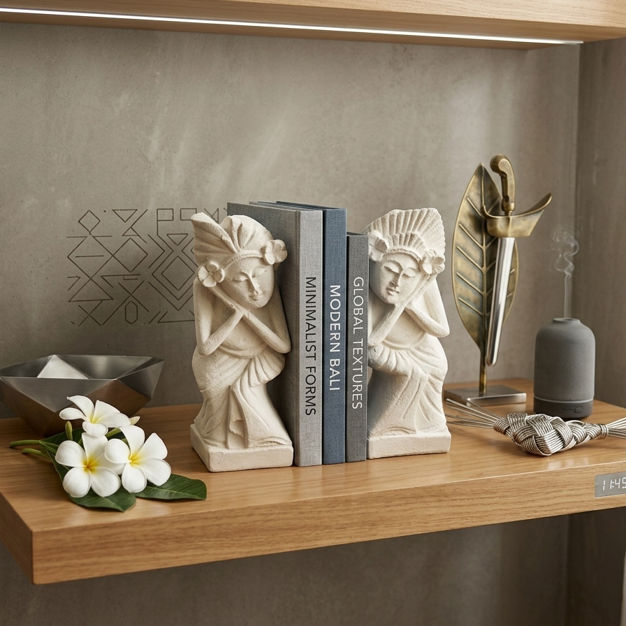 The Balinese statues used as decorative bookends on a light oak floating shelf. They are paired with books titled "Modern Bali" and "Minimalist Forms," a grey diffuser, and white frangipani flowers.