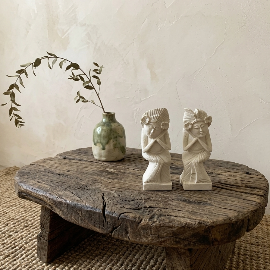 Balinese statues in a "sleeping" or "praying" pose placed on a small, dark wood pedestal. The background features a textured plaster wall and a simple green ceramic bud vase, highlighting natural textures.