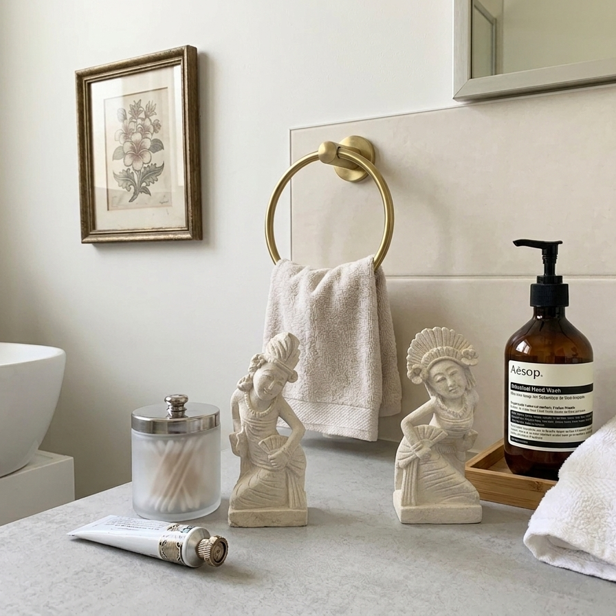 Close-up of Balinese stone-effect statues on a grey quartz countertop. They are styled alongside an Aesop soap bottle, a brass towel ring, and a frosted glass jar, showcasing their versatility in modern home decor.