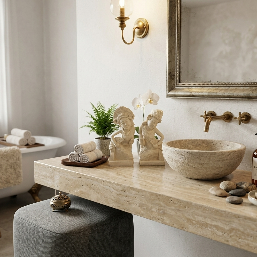 A pair of cream-colored Balinese dancer statues displayed on a light travertine bathroom vanity next to a stone vessel sink and a brass wall sconce. The setting is bright and minimalist, emphasizing a high-end spa aesthetic.