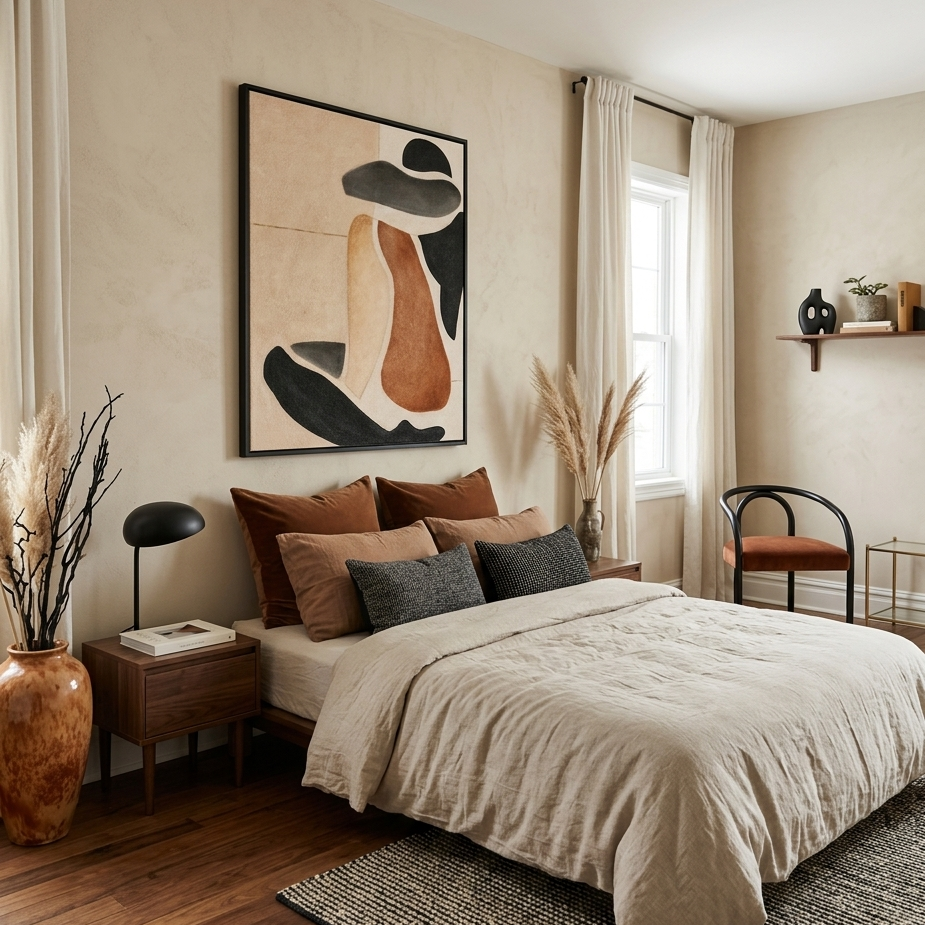 Large-scale textured abstract painting featuring organic silhouettes in terracotta, sand, and charcoal black. Minimalist wall art with a sand-plastered finish and earthy tones, perfect for wabi-sabi or modern natural interior design.