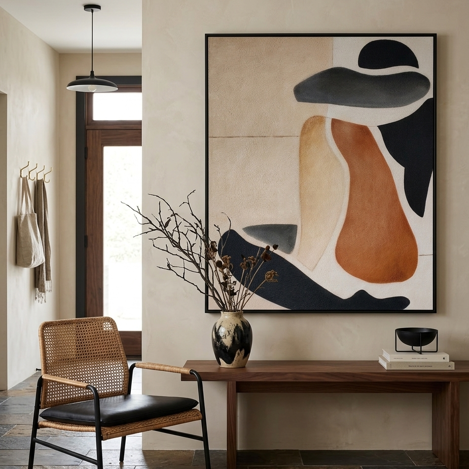 Large-scale textured abstract painting featuring organic silhouettes in terracotta, sand, and charcoal black. Minimalist wall art with a sand-plastered finish and earthy tones, perfect for wabi-sabi or modern natural interior design.