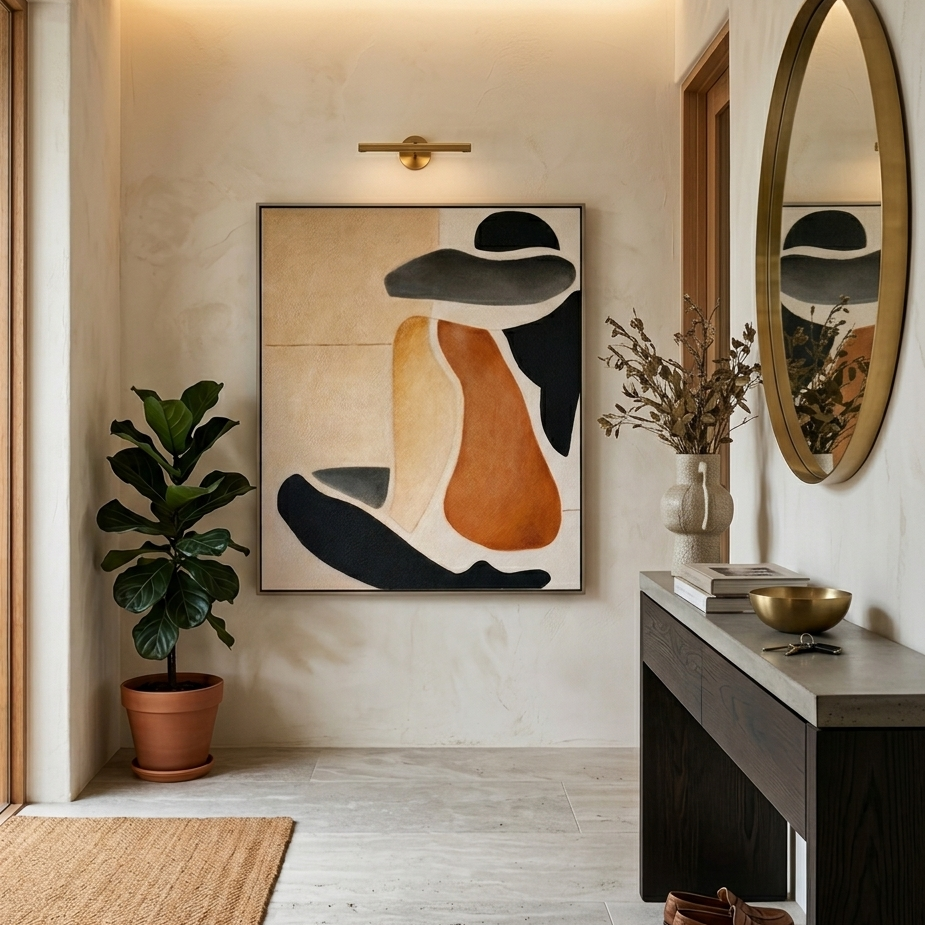 Large-scale textured abstract painting featuring organic silhouettes in terracotta, sand, and charcoal black. Minimalist wall art with a sand-plastered finish and earthy tones, perfect for wabi-sabi or modern natural interior design.