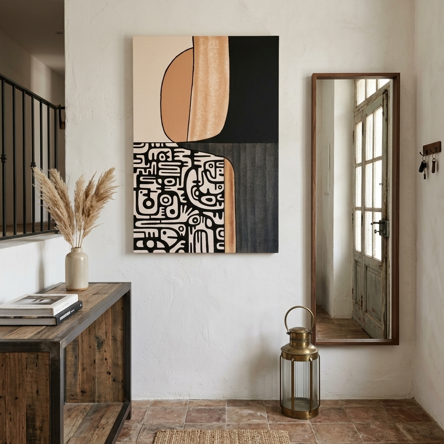 Vertical textured wall art with a top half of solid charcoal and sand-colored curved shapes, and a bottom half showcasing intricate monochromatic hand-drawn doodles and geometric symbols.