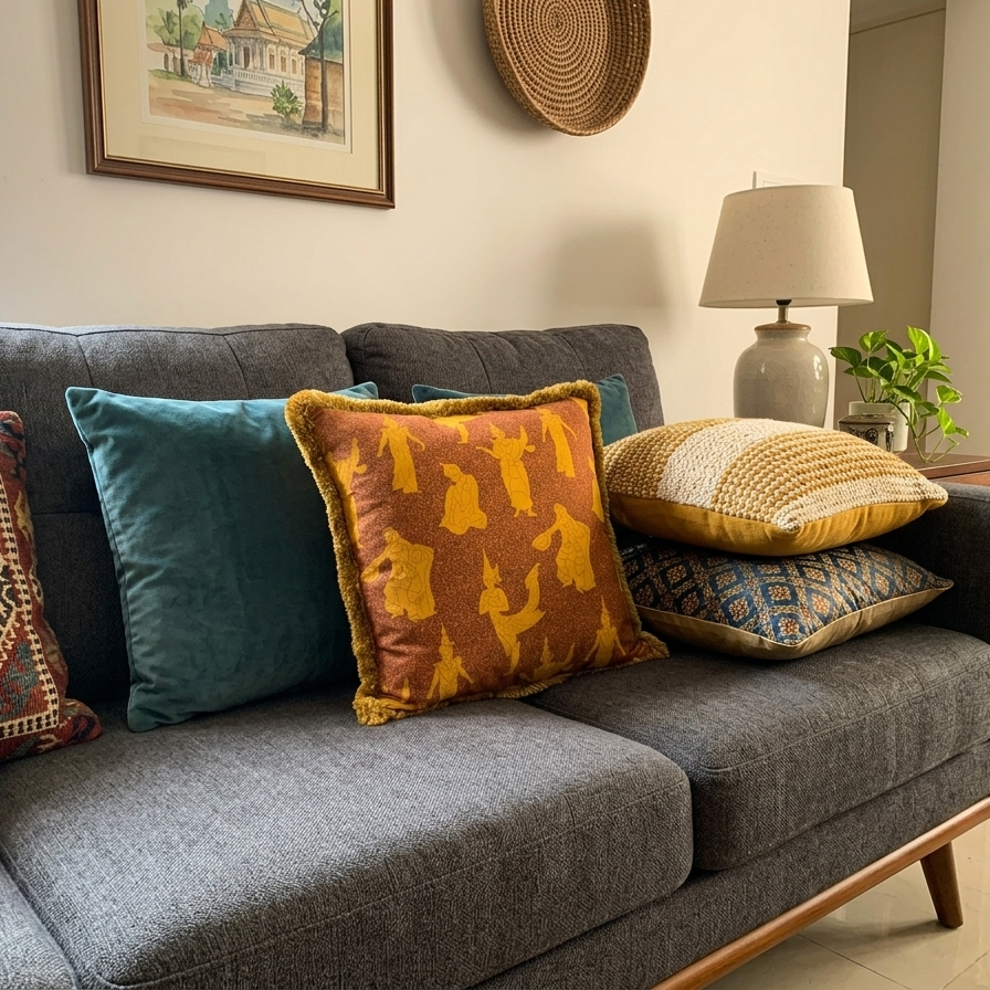 Decorative square pillow cover featuring a traditional Thai celestial dancer pattern in saffron gold on a burnt orange background, finished with a thick golden bullion fringe.
