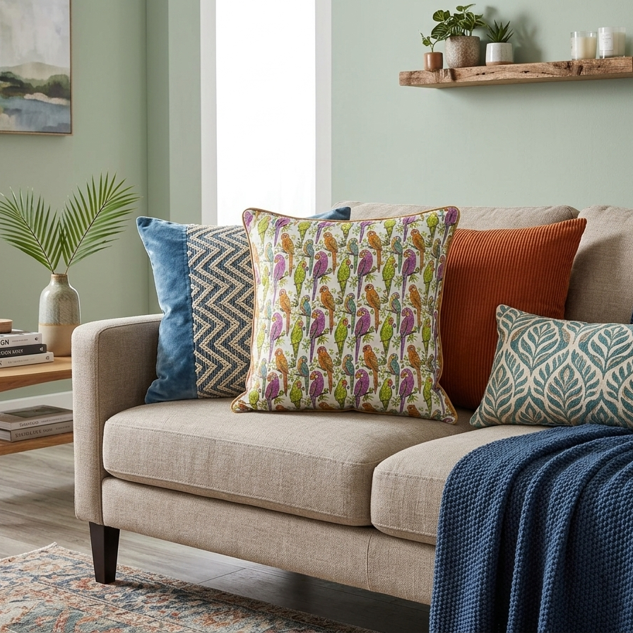 An upright, square decorative pillow cover featuring a vibrant, hand-drawn repeating pattern of tropical parrots perched on thin branches with small green leaves. The parrots are illustrated in a variety of color combinations, including magenta and purple, bright lime green, and amber orange with teal accents. The pillow has a distinct mustard-yellow piped edge.