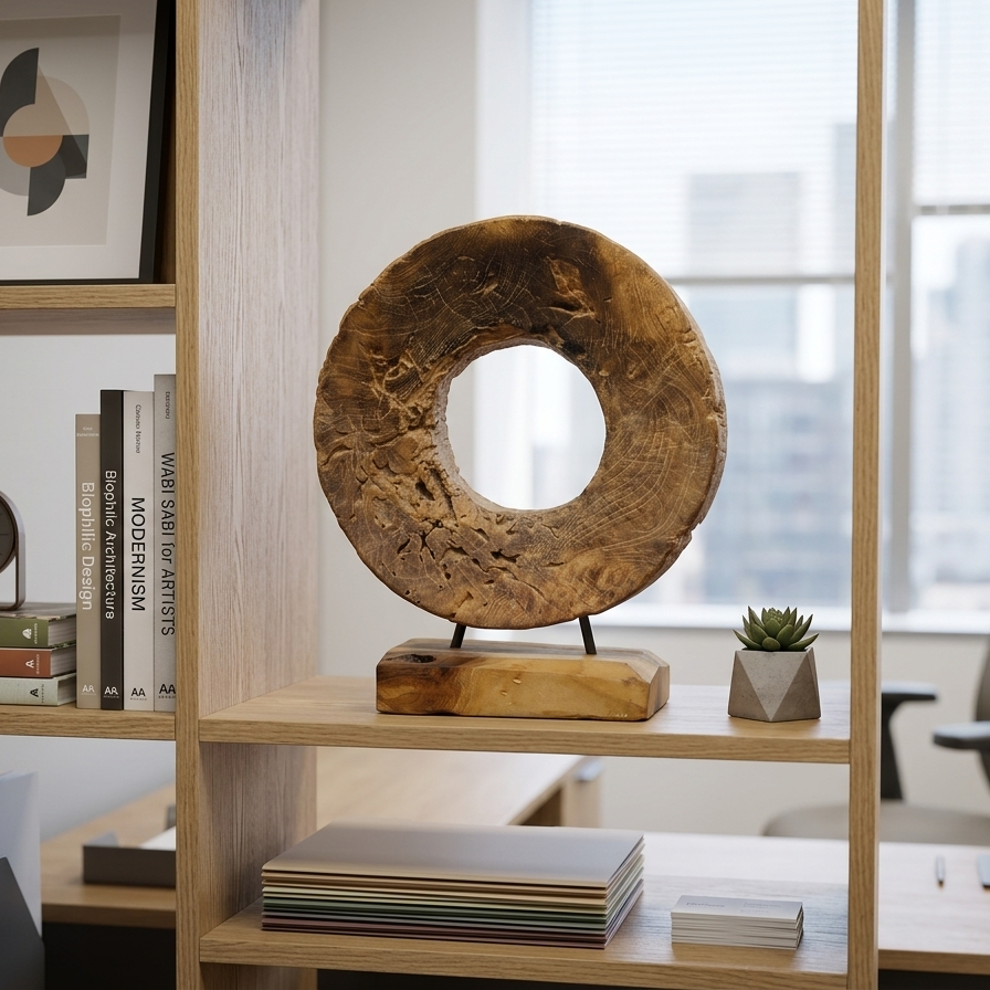 Hand-carved circular wood sculpture with natural grain and weathered textures, mounted on a solid wood base with thin metal rods.