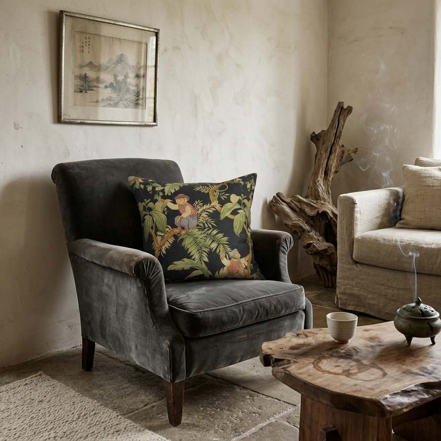 Decorative black throw cushion featuring a tropical jungle print with illustrated monkeys sitting on tree branches surrounded by lush green fern leaves and botanical foliage.