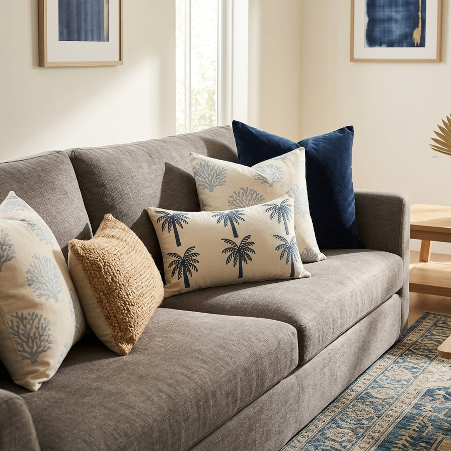 A rectangular off-white lumbar cushion featuring two rows of three identical palm trees embroidered in deep teal blue thread.