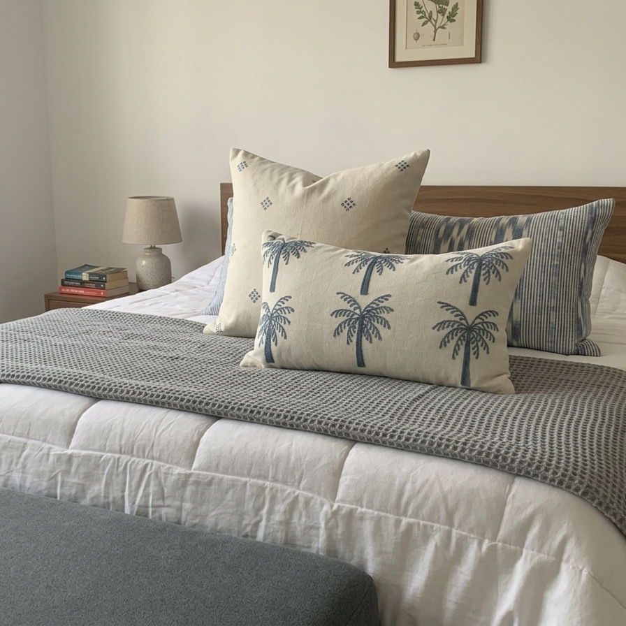 A rectangular off-white lumbar cushion featuring two rows of three identical palm trees embroidered in deep teal blue thread.
