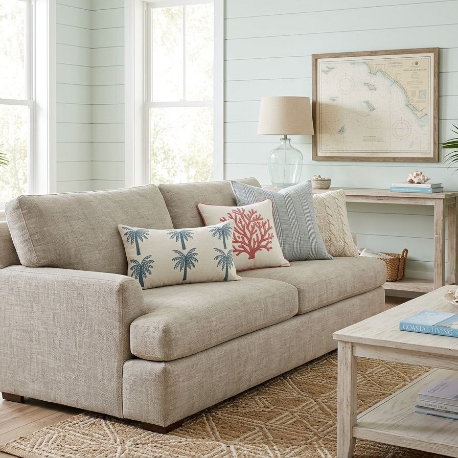 A rectangular off-white lumbar cushion featuring two rows of three identical palm trees embroidered in deep teal blue thread."