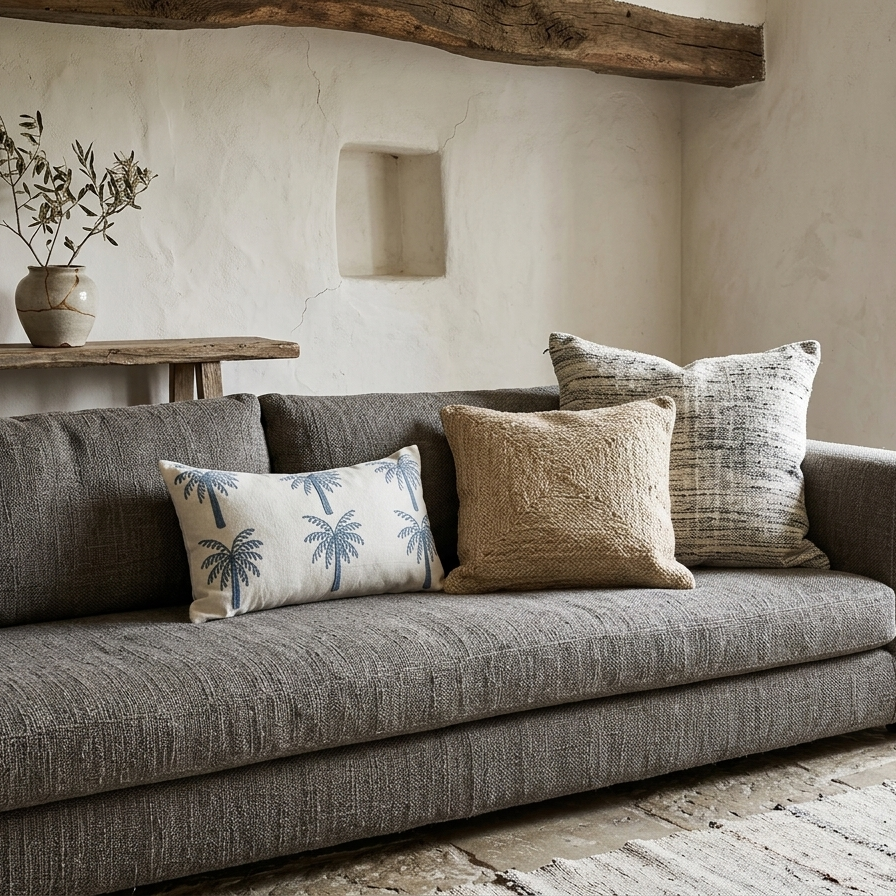 A rectangular off-white lumbar cushion featuring two rows of three identical palm trees embroidered in deep teal blue thread.