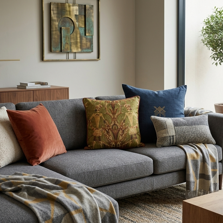 An olive green square decorative pillow featuring a symmetrical, mirror-image design of two stylized tribal figures in traditional headdress. The figures are rendered in ochre and brown tones, framed by abstract botanical patterns. The pillow is finished with a thin terracotta-colored piped edge.