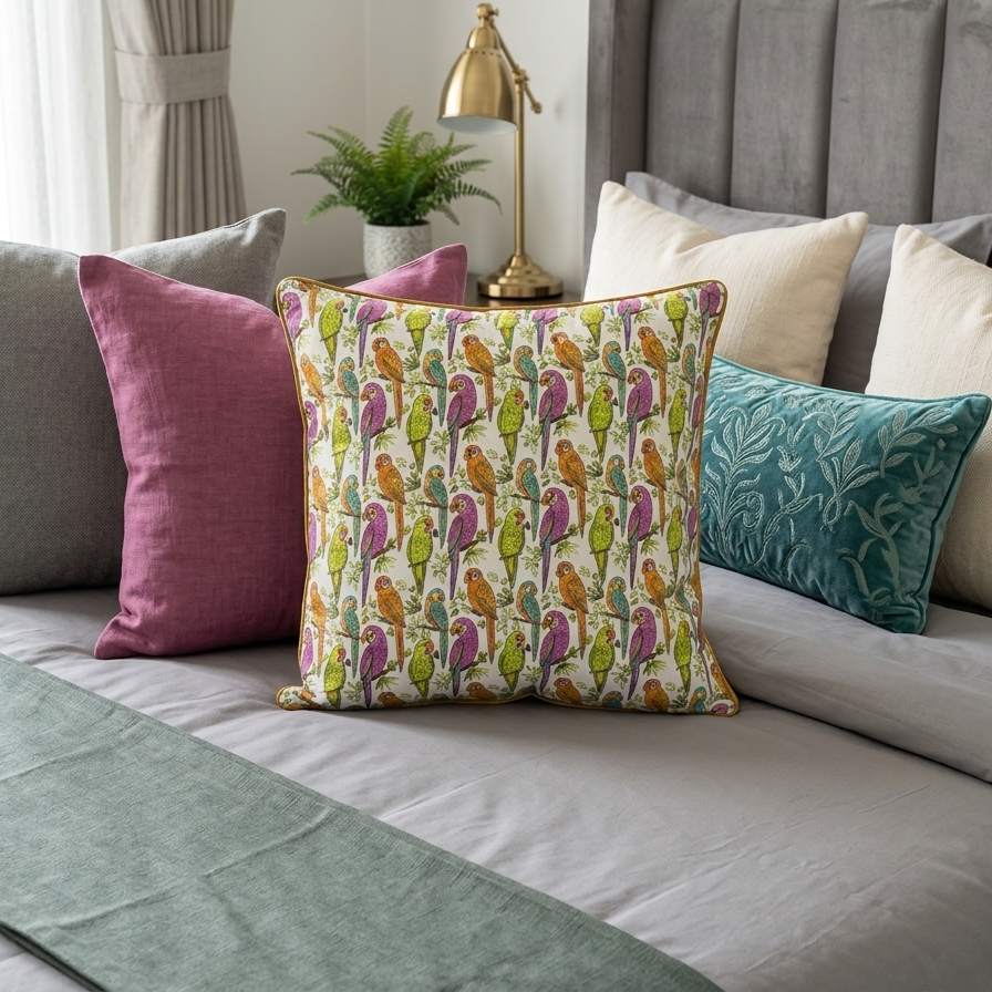 An upright, square decorative pillow cover featuring a vibrant, hand-drawn repeating pattern of tropical parrots perched on thin branches with small green leaves. The parrots are illustrated in a variety of color combinations, including magenta and purple, bright lime green, and amber orange with teal accents. The pillow has a distinct mustard-yellow piped edge.