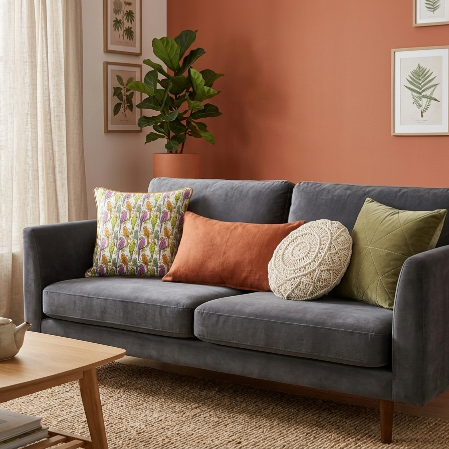 An upright, square decorative pillow cover featuring a vibrant, hand-drawn repeating pattern of tropical parrots perched on thin branches with small green leaves. The parrots are illustrated in a variety of color combinations, including magenta and purple, bright lime green, and amber orange with teal accents. The pillow has a distinct mustard-yellow piped edge.