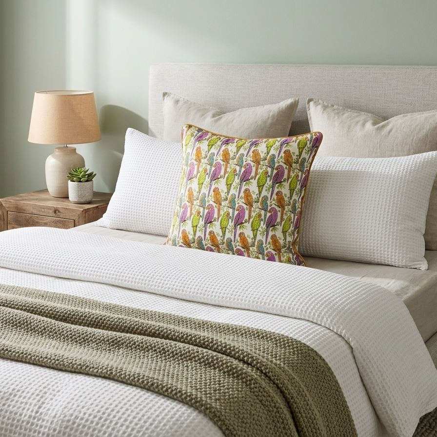 An upright, square decorative pillow cover featuring a vibrant, hand-drawn repeating pattern of tropical parrots perched on thin branches with small green leaves. The parrots are illustrated in a variety of color combinations, including magenta and purple, bright lime green, and amber orange with teal accents. The pillow has a distinct mustard-yellow piped edge.
