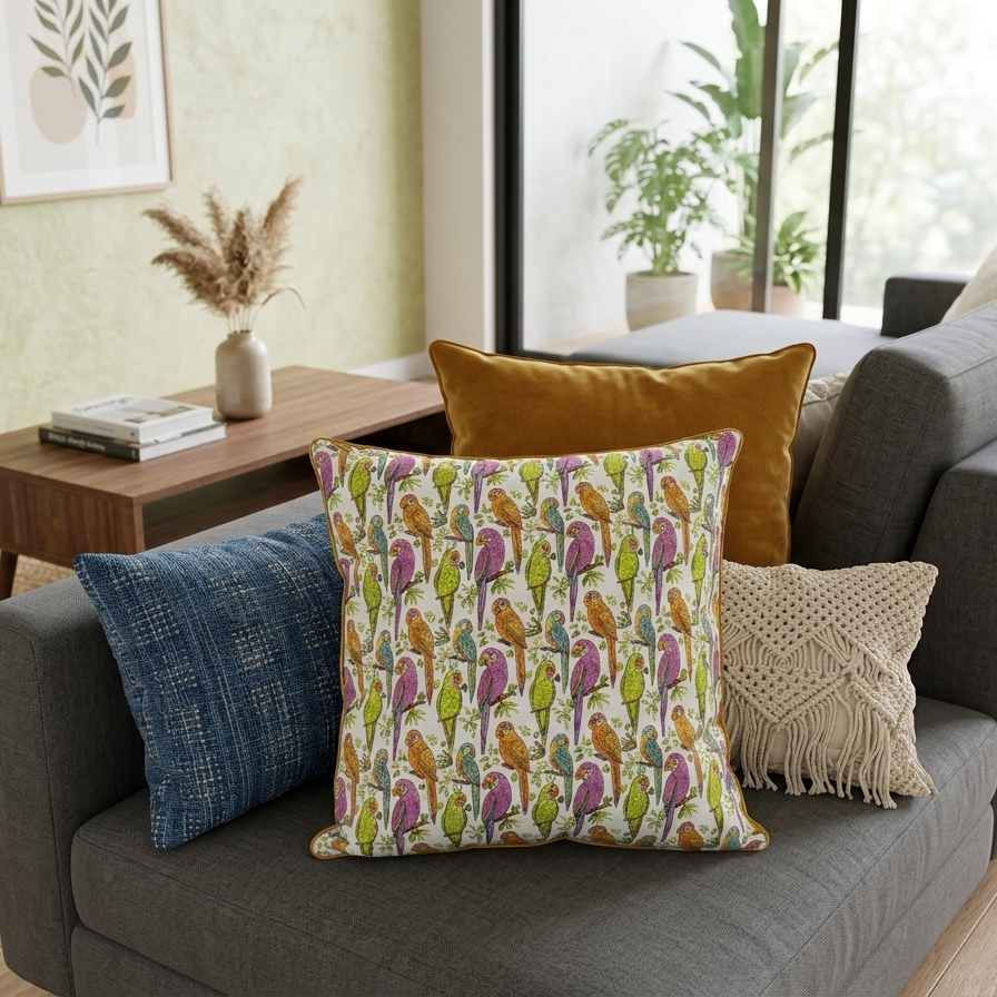 An upright, square decorative pillow cover featuring a vibrant, hand-drawn repeating pattern of tropical parrots perched on thin branches with small green leaves. The parrots are illustrated in a variety of color combinations, including magenta and purple, bright lime green, and amber orange with teal accents. The pillow has a distinct mustard-yellow piped edge.