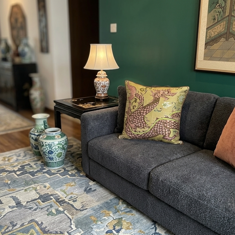 Square throw pillow cover featuring a traditional serpentine dragon illustration in mauve and sage green on a textured, muted gold background with dark brown piped edges.