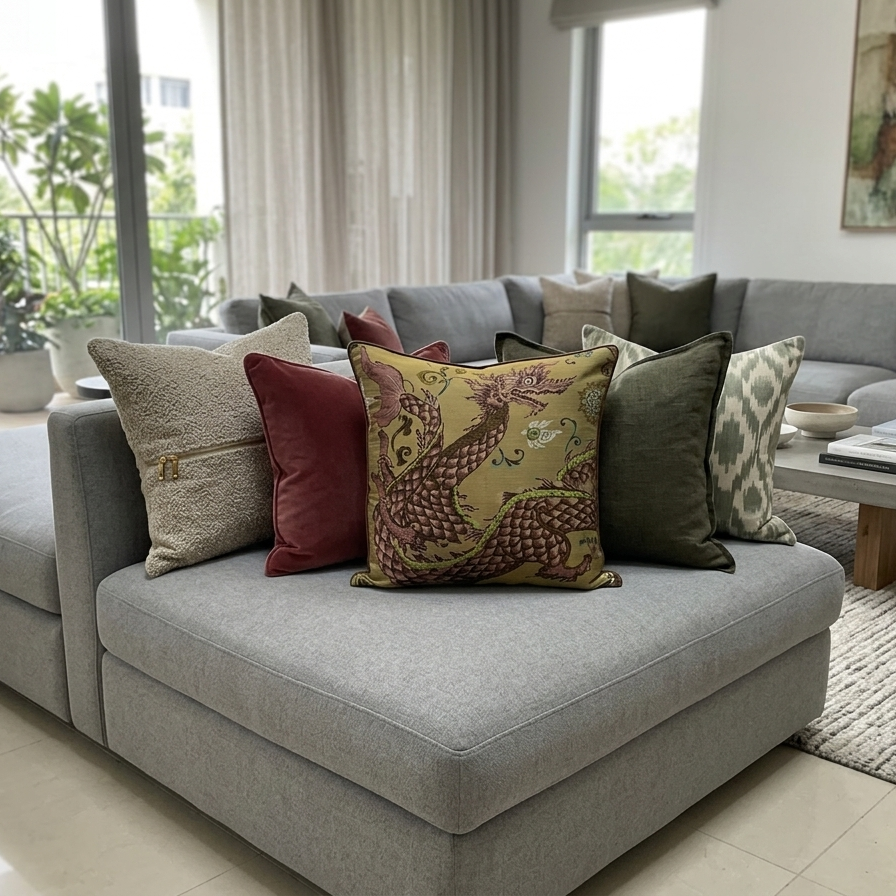 Square throw pillow cover featuring a traditional serpentine dragon illustration in mauve and sage green on a textured, muted gold background with dark brown piped edges.