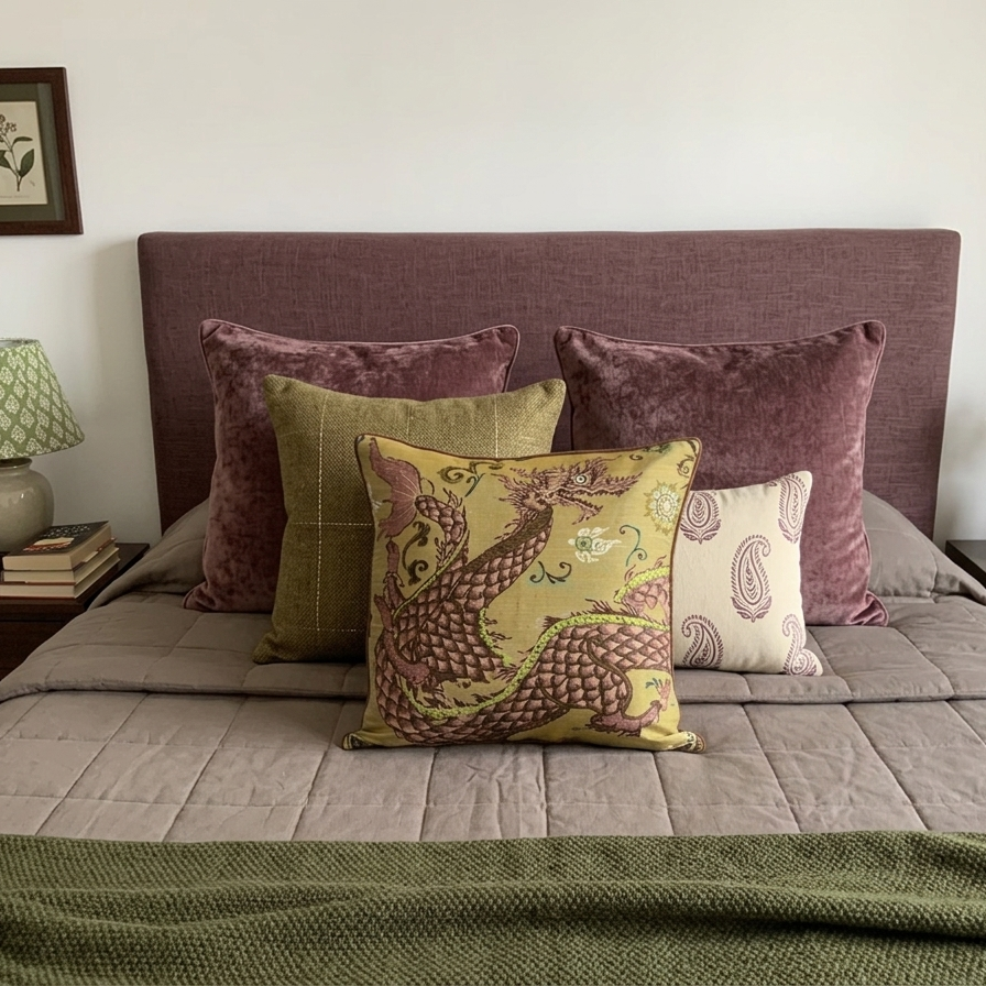 Square throw pillow cover featuring a traditional serpentine dragon illustration in mauve and sage green on a textured, muted gold background with dark brown piped edges.