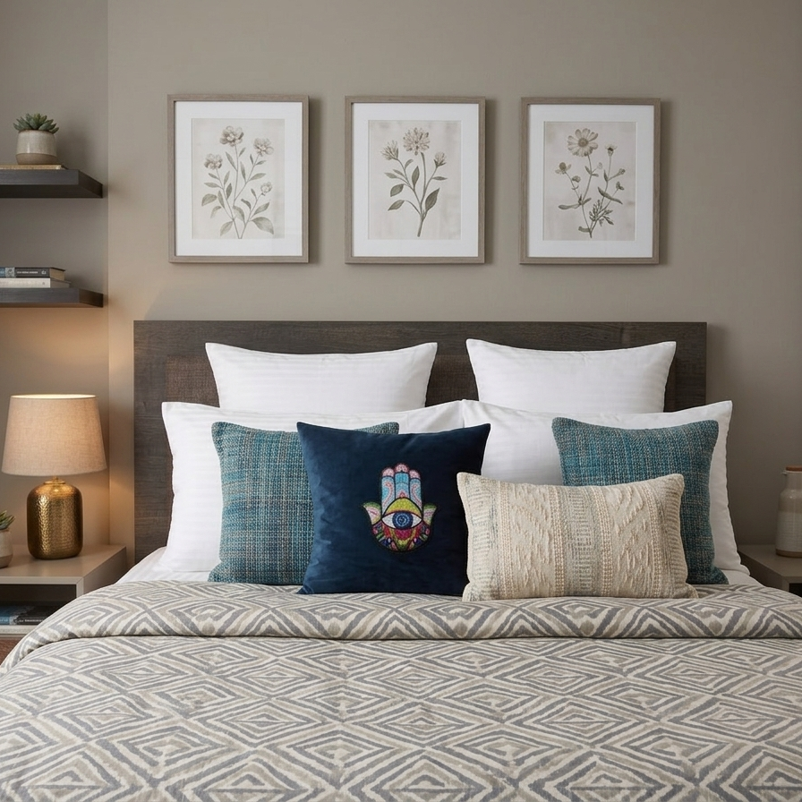 Midnight blue velvet cushion cover featuring a vibrant multi-colored sequin Hamsa Hand with an evil eye symbol in the center.