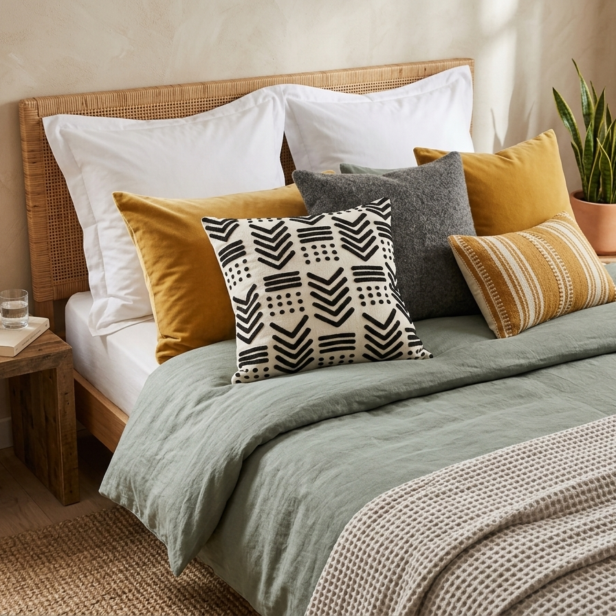 Square cream-colored throw pillow cover featuring raised black geometric embroidery in a tribal mudcloth pattern with chevrons, stripes, and dots.
